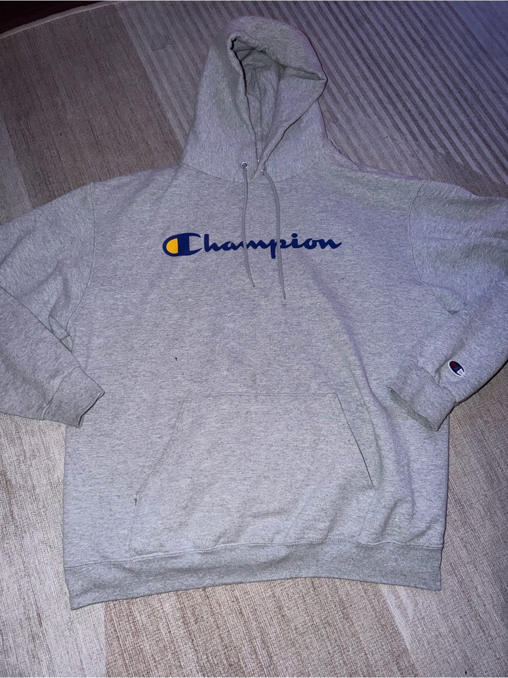 Champion Gray Hoodie with Blue Script